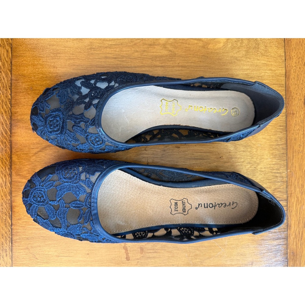 Greatonu Navy Blue Floral Lace Mesh Ballet Flats Leather Insole Size 8 - Picture 2 of 7